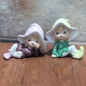 Vintage Homco Pixie Elf Figurines 5213 Bisque Set of 2